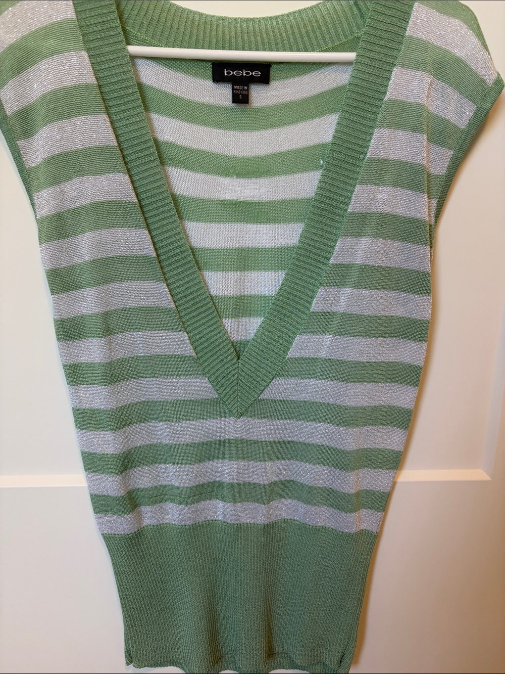 bebe Mint Green & Silver Stripe V-Neck Sweater